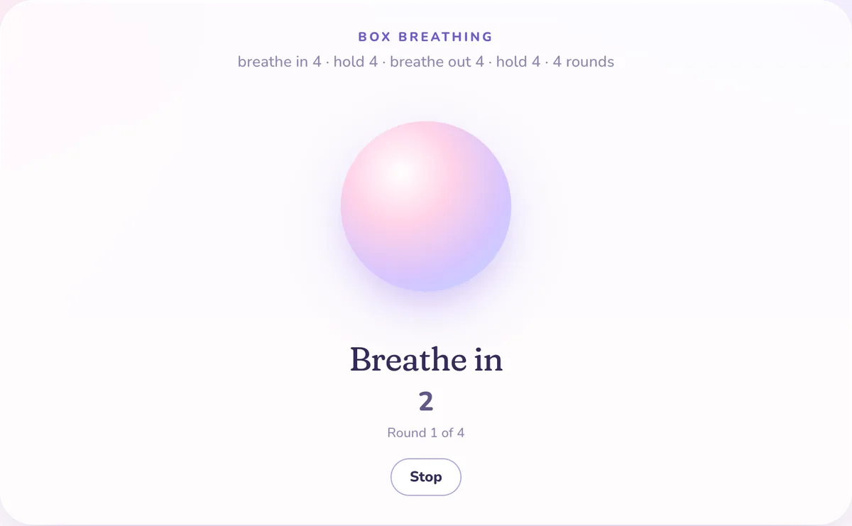 Chakra Babe breath pacer during box breathing: a pink cloud orb, “Breathe in 2”, round 1 of 4, with a Stop button